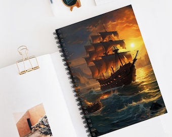 Golden Age of Pirates Spiral Notebook, Pirate Ship Design, Journal for Dreamers, Stationery Gift for Writers, Nautical Art, Fun Skechbook