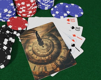 May include: Poker chips in red, blue, and black are stacked on a green surface, alongside playing cards. One card features a surreal image of a person falling into a clock face. The cards show the number 10 in hearts, diamonds, and spades.