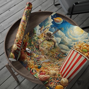 May include: A roll of colorful wrapping paper and a wrapped gift with a brown ribbon sit on a wooden table. A red and white striped popcorn container is on the right. The wrapping paper and gift have a surreal, colorful design with a popcorn theme.