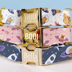 Cats in Space, personalized Dog Collars, Gifts For Dogs, Dog Accessories, Moon Cats, Engraved, Matching leash, Collar and Leash SetLE-36