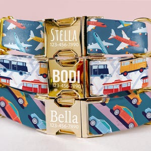 Personalized Dog Collar Planes Trains and Automobiles Dog Collar Gifts Laser Engraved, Quick Release Buckle Matching Leash Set LE-58