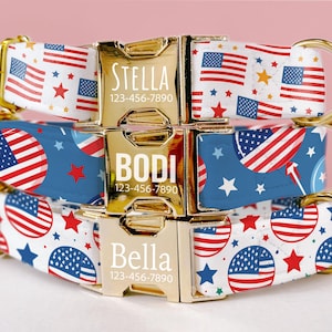 American Flag Dog Collar Personalized USA Patriotic Dog Collar with Name July 4th Dog Collar Girl Boy Dog Collar Leash Set With Buckle LE-98