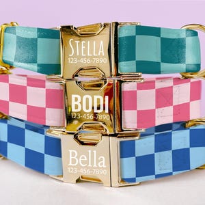 Checkerboard Dog Collar Engraved Dog Collar Gingham Blue Dog Collar with Name Dog Collar Girl Boy Matching Leash Set Small Medium Dog Collar