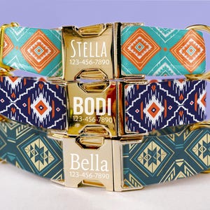 Aztec Dog Collar Personalized Tribal Dog Collar with Engraved Name Southwest Dog Collar Geometric Pattern Dog Collar Small Medium Dog LE-107