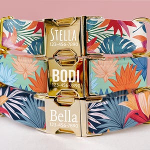Hawaiian Floral Dog Collar Custom Engraved Name Tropical Dog Collars For Dog Mom Gift With Metal Leash Set Aloha Dog Collar Summer LE-110