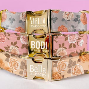 Custom Dog Collar Rose Gold, Rose Floral Print Pet Collar for Girls Engraved ID Tag Buckle Collar Pretty Pink Flower Spring Puppy Collar