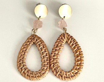 Gold Straw Earrings, Rattan Earrings, Rattan Jewelry, Straw Jewelry, Boho Earrings, Crystal, Statement Earrings, Woven Earrings