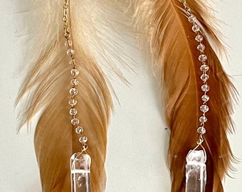 Feather earrings, clear quartz earrings, real feather earrings, bohoemian earrings, western earrings, hippie earrings, gypsy earrings