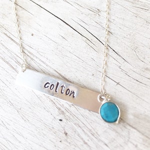 Sterling silver bar necklace with birthstone - personalized necklace- any message - hand stamped - mother’s necklace - mamas necklace
