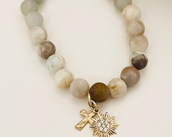 Amazonite- round bead- semiprecious stone- stretch bracelet - charm bracelet- cross- starburst- bead bracelet - Amazonite bead