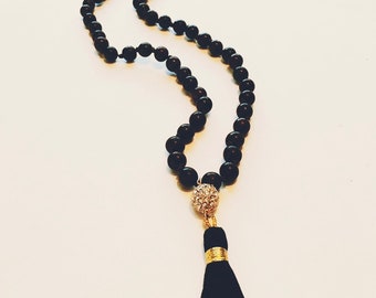 Tassel necklace - black onyx - long necklace - crystal bead - black- gemstone beaded necklace - gift for her - gemstone