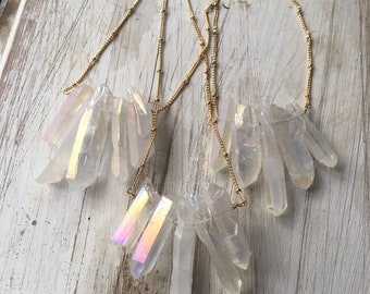 Vertical clear quartz stone necklace - clear quartz pendant - gift for her - stone quartz - raw clear quartz with chain