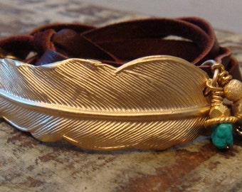 Gold Feather Leather Wrap Bracelet