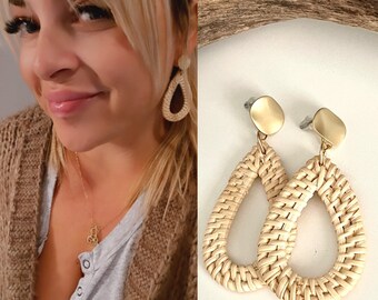 Tear drop, Gold Straw Earrings, Rattan Earrings, Rattan Jewelry, Straw Jewelry, Bohemian Earrings, Statement Earrings, Woven Earrings