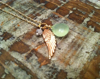 Rose Gold Angel Wing With Green and White Chalcedony Gemstone Charms