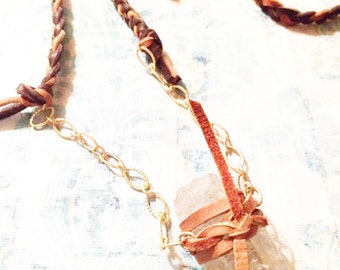 Braided leather and crystal necklace