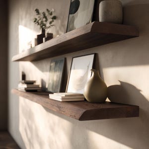 Dunkles, schwebendes Wandregal aus Eiche mit natürlicher Baumkante, Massivholz-Wandregal mit unsichtbarer Montage, rustikal-modernes Dekor, BRAVION MURUM