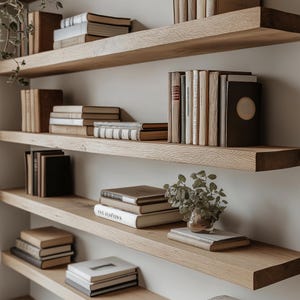 Könnte beinhalten: Ein Satz Holzregale mit Büchern und einer kleinen Pflanze in einer Glasvase. Die Regale sind aus hellem Holz und haben einen rustikalen Look. Die Bücher sind in verschiedenen Größen und Farben angeordnet. Die Pflanze ist eine kleine grüne Pflanze mit Blättern.