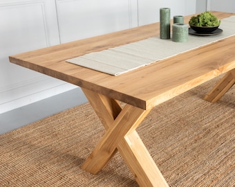 BRAVION OAK Dining table ALFA without Tree Edge and X type wood leg, classic straight edge, thickness of 4cm, solid oak wood