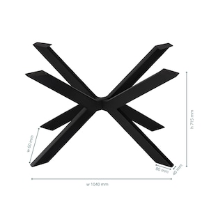 May include: Black metal table base with a starburst design. The base is 1040 mm wide, 60 mm deep, and 715 mm high. The legs are 80 mm wide and 40 mm thick.