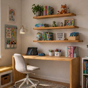 May include: A well-lit children's study area with a wooden desk, chair, and shelves. The shelves display books, toys, and decorative items. A sign reads "Dream Learn Grow". A world map and a "Be Kind" poster are on the wall.