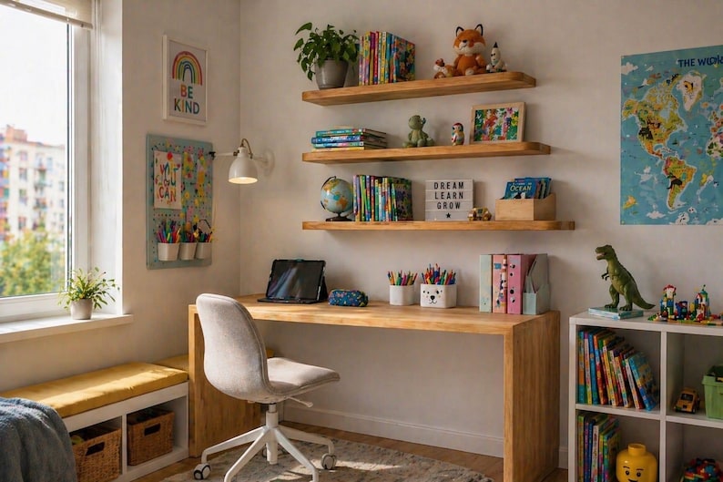 May include: A well-lit children's study area with a wooden desk, chair, and shelves. The shelves display books, toys, and decorative items. A sign reads "Dream Learn Grow". A world map and a "Be Kind" poster are on the wall.