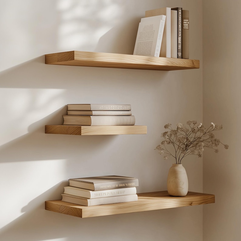 Puede incluir: Tres estantes flotantes de madera montados en una pared blanca. Los estantes son de madera clara y contienen pilas de libros y un jarr&oacute;n con flores secas. Los estantes est&aacute;n dispuestos en una esquina.