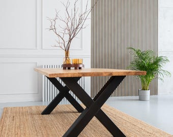 BRAVION OAK Dining table ALFA without Tree Edge and X metal legs, classic straight edge, thickness of 4cm, solid oak wood