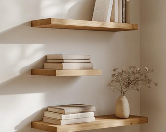 Floating Solid Oak Wall shelf, Straight Edge Oak Wood Shelf, Custom size, Invisible Mounting, Solid Wood, Real Oak, BRAVION MURUM