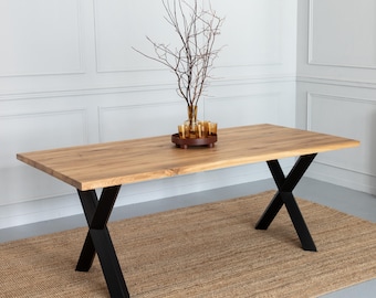 BRAVION OAK Dining table ALFA without Tree Edge and X+ metal legs, classic straight edge, thickness of 4cm, solid oak wood