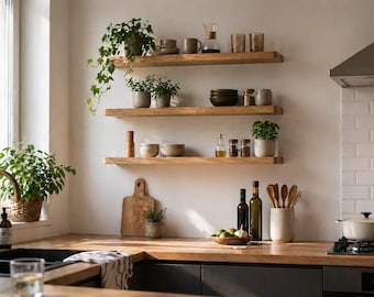 Rounded Edge Solid Oak Wall shelf, 4 cm thick, Floating Oak Shelf, Invisible Rustic Modern decor, BRAVION MURUM