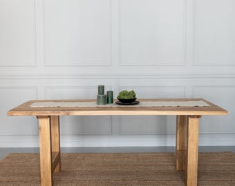 BRAVION OAK Dining table ALFA without Tree Edge and H type wood leg, classic straight edge, thickness of 4cm, solid oak wood