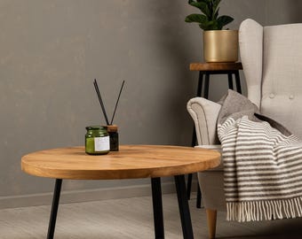 BRAVION Solid Oak Round Coffee Table – OMEGA – 80 cm Diameter with Powder-Coated Steel Legs, thickness of 4cm solid oak wood