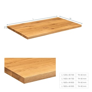 May include: A natural wood tabletop with a light brown finish. The tabletop is available in various sizes, including 1200 x 700 mm, 1400 x 700 mm, 1600 x 800 mm, and 1800 x 900 mm. The thickness of the tabletop is 40 mm.