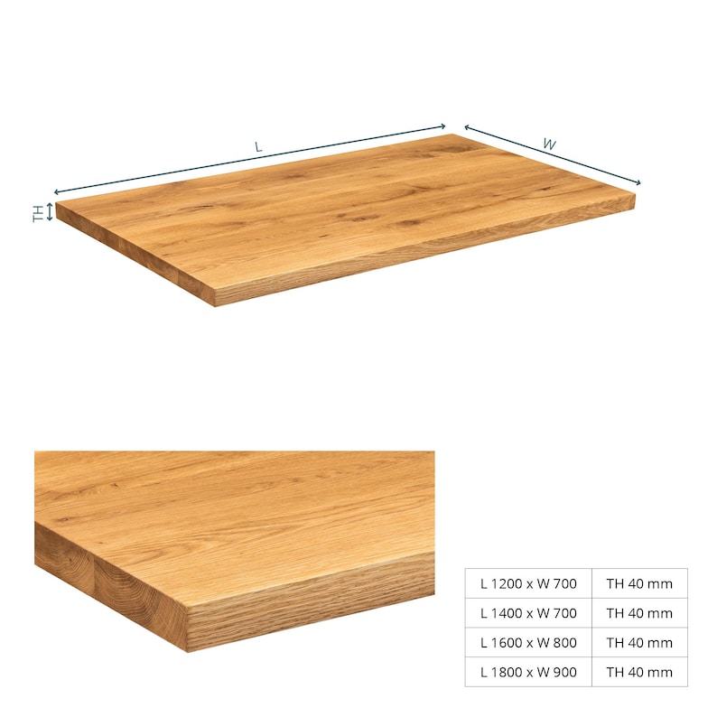 May include: A natural wood tabletop with a light brown finish. The tabletop is available in various sizes, including 1200 x 700 mm, 1400 x 700 mm, 1600 x 800 mm, and 1800 x 900 mm. The thickness of the tabletop is 40 mm.