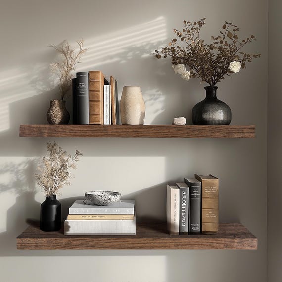 Dark Oak Floating Wall Shelf, Solid Wood Shelf With Straight Edge, Invisible mounting Minimalist Decor, Real Solid Oak, BRAVION MURUM