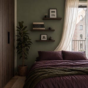 Puede incluir: Un dormitorio con una colcha y almohadas de color burdeos intenso, complementado con una manta de punto verde. La habitaci&oacute;n cuenta con una gran planta en maceta, estanter&iacute;as de madera oscura con libros y arte enmarcados, y una cortina blanca transparente. Las paredes est&aacute;n pintadas de verde apagado.