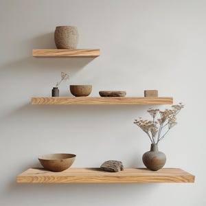 Puede incluir: Tres estantes flotantes de madera con objetos decorativos. El estante superior contiene un jarr&oacute;n grande y texturizado. El estante del medio muestra un jarr&oacute;n peque&ntilde;o, un cuenco y una piedra. El estante inferior tiene un cuenco, una piedra y un jarr&oacute;n con flores secas.