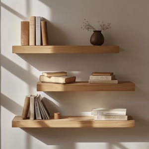 Puede incluir: Tres estantes flotantes de madera montados en una pared neutra. Los estantes exhiben libros de varios tama&ntilde;os y colores, un peque&ntilde;o jarr&oacute;n marr&oacute;n con flores secas y un peque&ntilde;o cilindro de madera. Los estantes est&aacute;n iluminados por luz natural.