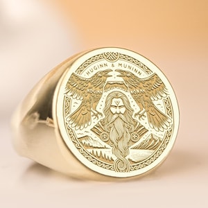 Odin’s Ravens Signet Ring – Hugin & Munin Norse Mythology Ring | Viking Symbol Jewelry | Gold / Silver Options