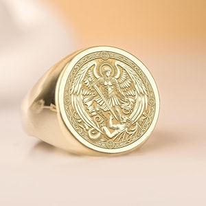 Michael Signet Ring – Archangel of Protection & Strength, Gold and Silver Religious Jewelry, Divine Warrior, Handmade Angel Ring