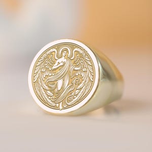 Raphael Signet Ring – Archangel of Healing & Guidance, Gold and Silver Religious Jewelry, Spiritual Protection, Handmade Angel Ring