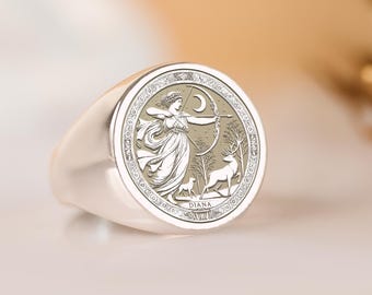 Diana Goddess Signet Ring: Hand-Engraved Sterling Silver Celestial Jewelry