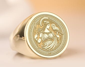 Minerva Signet Ring: Hand-Engraved 925 Silver Owl & Spear