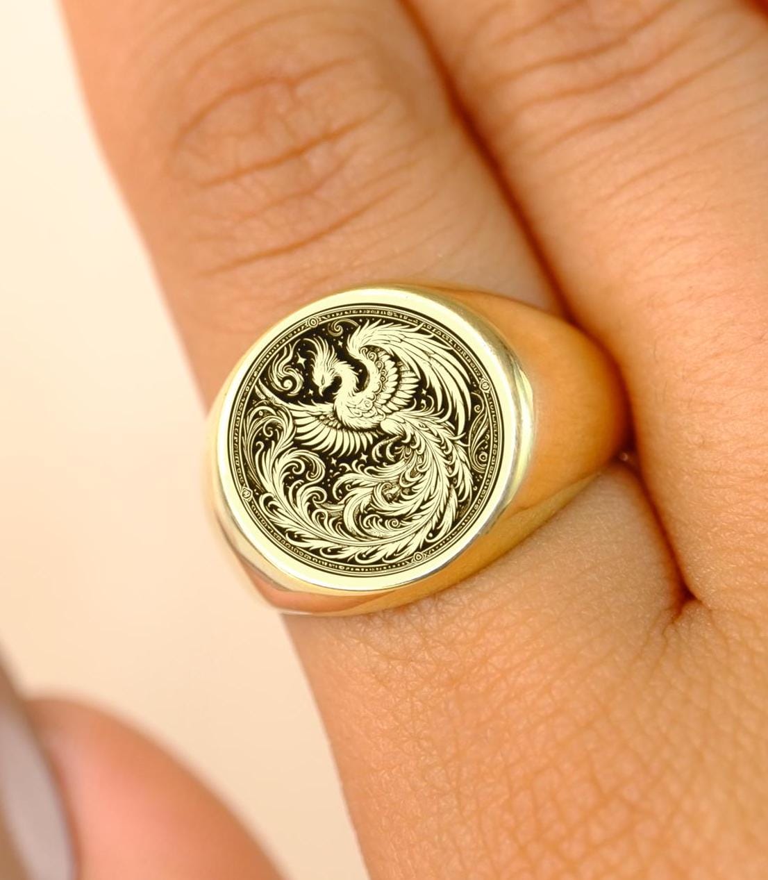 Engraved Phoenix Signet Ring: Gold-Plated or Sterling Silver, Mythological Jewelry