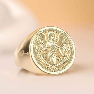 Gabriel Signet Ring – Archangel of Divine Messages Protection, Gold & Silver Religious Jewelry, Spiritual Symbol, Handmade Angel Ring