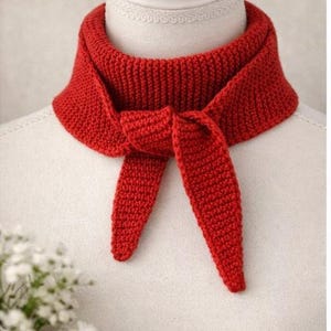 May include: A bright red, crocheted neck scarf, displayed on a mannequin. The scarf has a wide collar that narrows into long, pointed ends, tied in a knot. The textured knit and vivid colour make it a striking accessory.