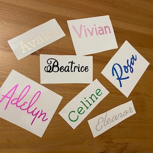 May include: Seven rectangular white adhesive labels featuring custom names in various colors and fonts. The names displayed are Avalon in gold, Vivian in pink, Beatrice in black, Rosa in blue, Adelyn in magenta, Celine in green, and Eleanor in silver.
