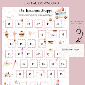 Könnte beinhalten: Ein druckbares Brettspiel für Kinder mit Eiscreme-Thema. Das Spielbrett ist rosa und weiß mit bunten Eiswaffeln, Eisbechern und Eis am Stiel. Das Spiel beinhaltet einen Geldbriefumschlag und Anweisungen zum Würfeln und Sparen von Geld. Das Spiel heißt "The Icecream Shoppe Savings Game".