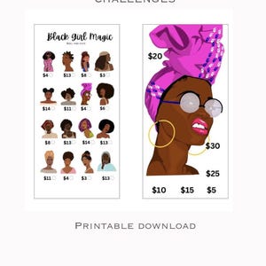 May include: A set of two Black Girl Magic savings challenge sheets. The left sheet features sixteen illustrations of women with various hairstyles and dollar amounts. The right sheet shows a large illustration of a woman wearing a pink headwrap.